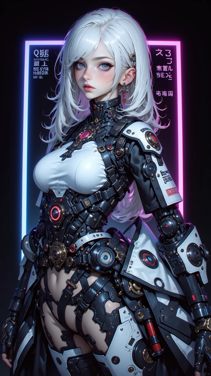 white  hair、long fluttering hair、strong breeze、a purple eye、Luminous eyes、Steampunk Girl、Colossal tits、The face and chest are alive、Cleavage is visible。photoRealstic、portfolio、Evangelion-style metal mecha suit、Combat cyborg、Gothloli details、Metallic、detailed mechanical components、Bundle of thin tubes、Metal cylinder、Detailed neon、Fine LED、Fine parts