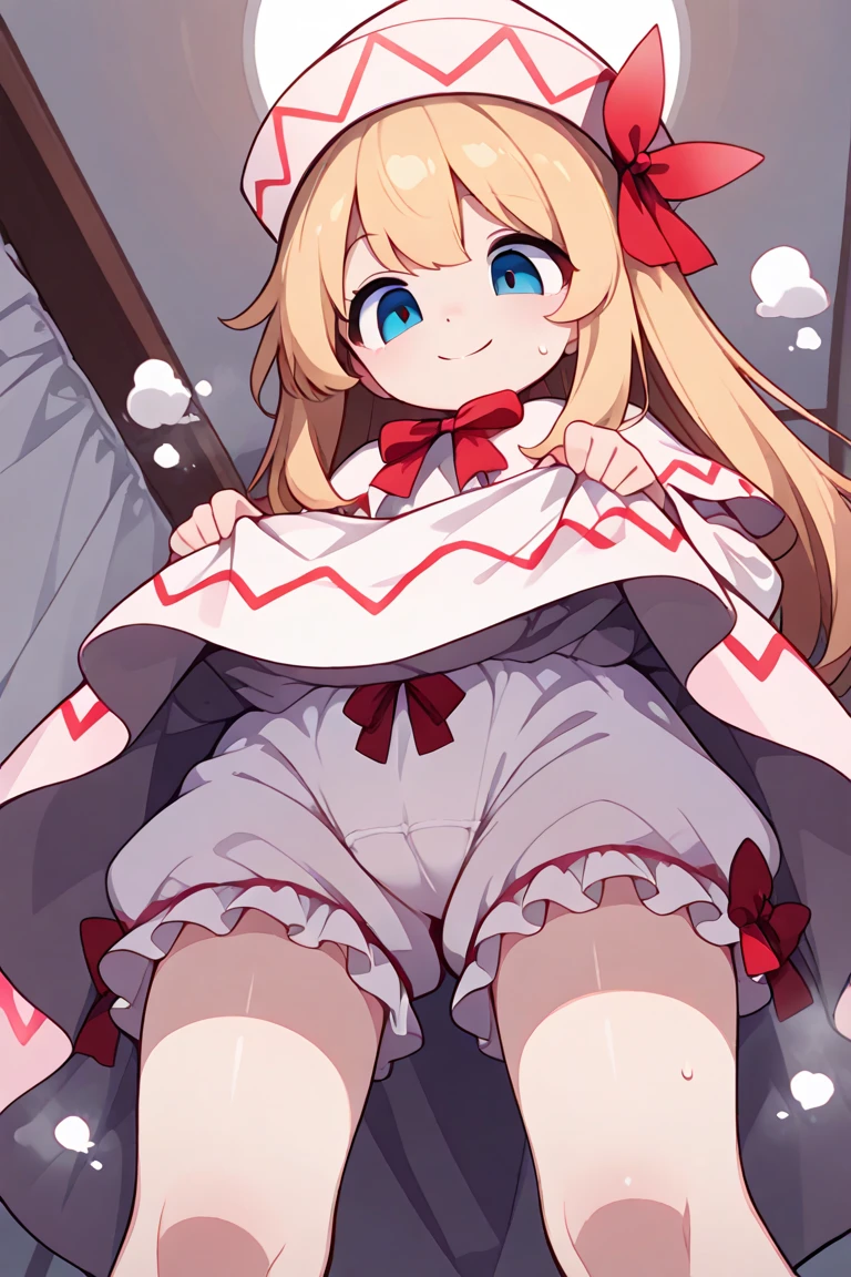 Klee,Loli, flat chest, full body, thick thigh ,mini skirt ,short dress, chemise,high-waisted skirt,White silk pantyhose,good eyes,Smiling softly , perfect body ratio,armpit,groin ,openlegs, from below, bottomless, pussy,