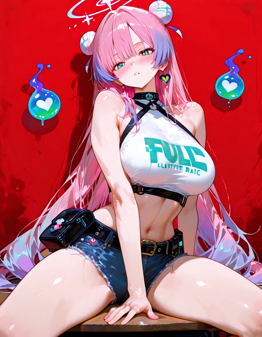 White and pink latex swimsuit、open front black coat、Dark bedroom at night、Sexy evil smile、Evil Female Executives、Adult、Sexy pose、Kneel