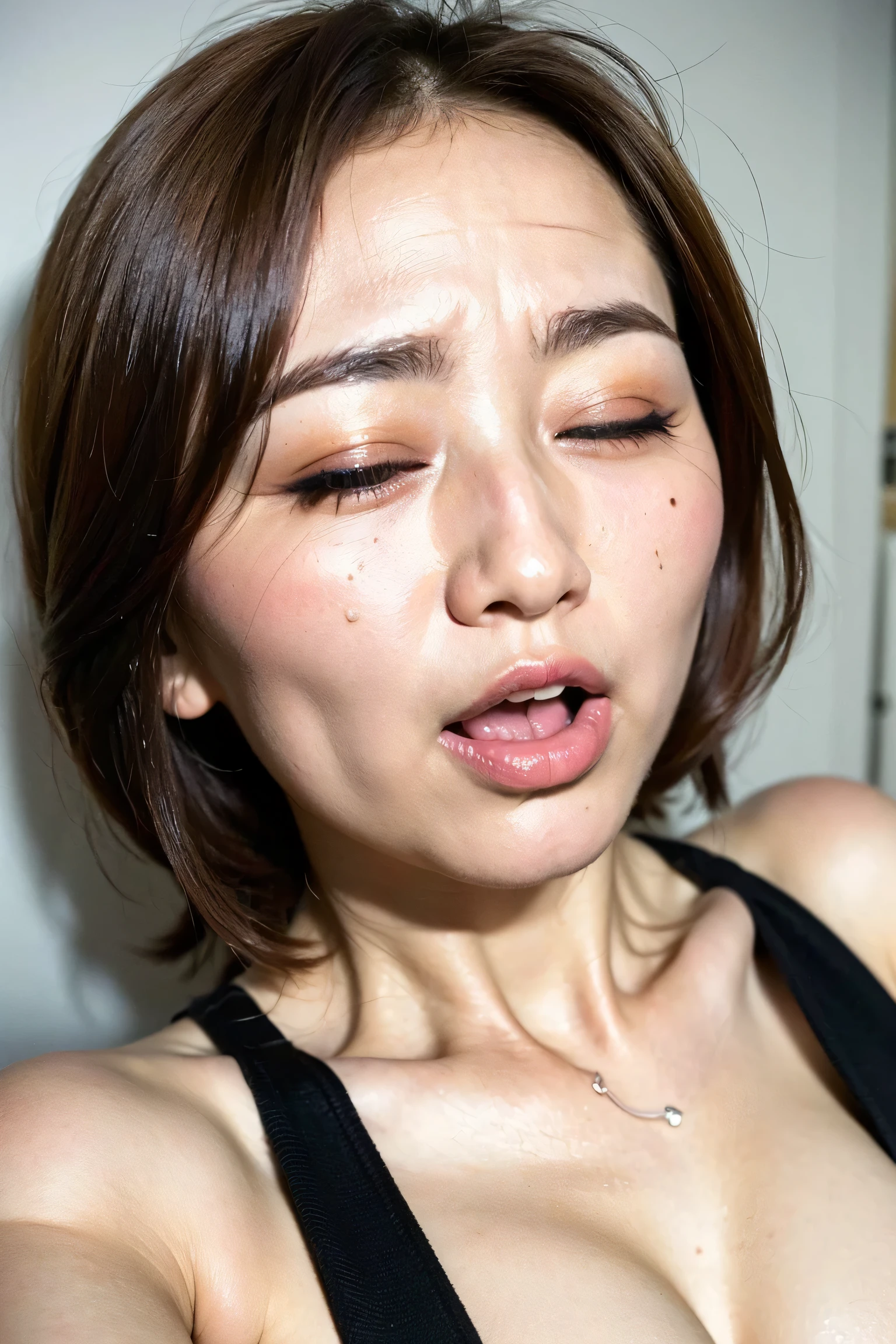 Beautiful Japanese actresses、1 Girl,Flying debris,,Award-winning photo, Very detailed,Face Focus, Big double eyes(Woman with open mouth and closed eyes ), 30 years old、Black Hair、Shiny skin、(((Face close-up)))、Realistic nostrils、Long and narrow nasal cavity,、In the toilet、(On the floor of a public toilet)、Squat、((White turtleneck sleeveless dress))、Big Breasts、(Sharp Nose)Frowning 表現:1.4,,Facial Expressions,Frowning,please raise your head、Skin shiny with sweat,Oily facial skin,Biting your lip,Tied Hair,Wearing a tank top,Put your nose closer to the camera,((Open your mouth wide to receive something))View your viewers, (((Damp philtrum))),((Face close-up)),(((Close-up of the nose)))(((furrowed brow, raised eyebrows)))