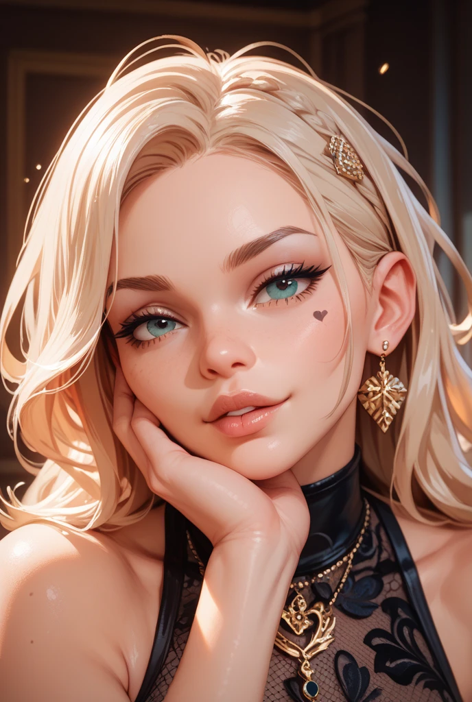 portrait photoshoot, platinum blonde emmanorts , wearing black dress, narrow nose, looking away, distant gaze, (((very heavy make up))),  detailed silver green eyes, (((extremely long black eye lashes))), very large eyebrows, classy look large mouth, red lips, high cheekbones, high contrast