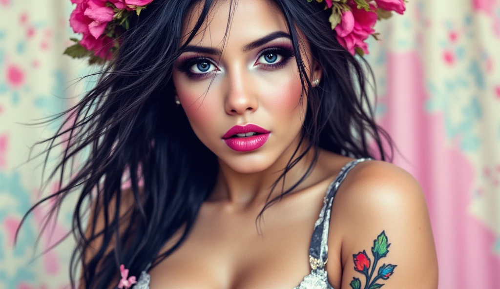 Mulher branca linda com sardas no rosto ,cabelos pretos curtos,piercing nariz bem sutil,olhos azuis hiperealista,Serious,Heart tattooed on neck,Right arm tattooed up to the shoulder mimicking an arrangement of flowers of various colors,imagem 8kou super hiperrealista,Nikon D700.(luz focada rosto,roupa,white strap shirt,Hiding her medium hard breasts,sem sol,tempo nublado,centro de Nova York ao fundo hiperrealista)