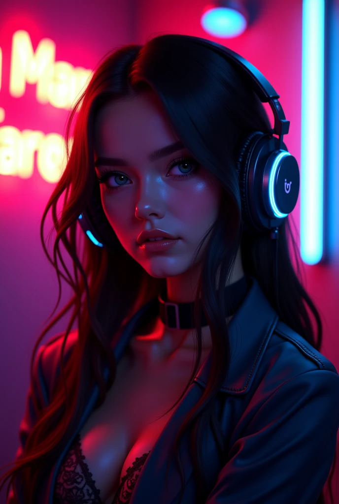 black and white and blue and red,(best quality, ultra-detailed, high resolution, extremely detailed cg),wide shot,she is very beautiful,she like blood and sea, mystical,fanatic, intricate, surreal,delicate, good face, on a night club, wearing headphones, vibing face, front face