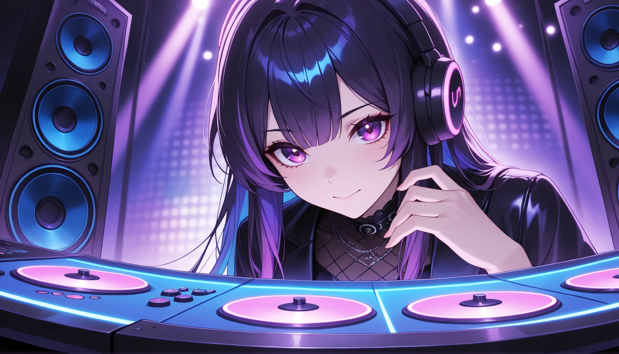 ((solo)), close-up, hair tacking , 素晴らしいmasterpiece, top quality next to viewers, high fashion, Extremely ridiculous, HDR, Intricate Details, bright colors, very cute face, DJ, Virtual Disks, Synchronization,hand up, Various Voices, speaker, SoundWave , masterpiece, 最High Quality, High Quality, Ultra Details, Very awa