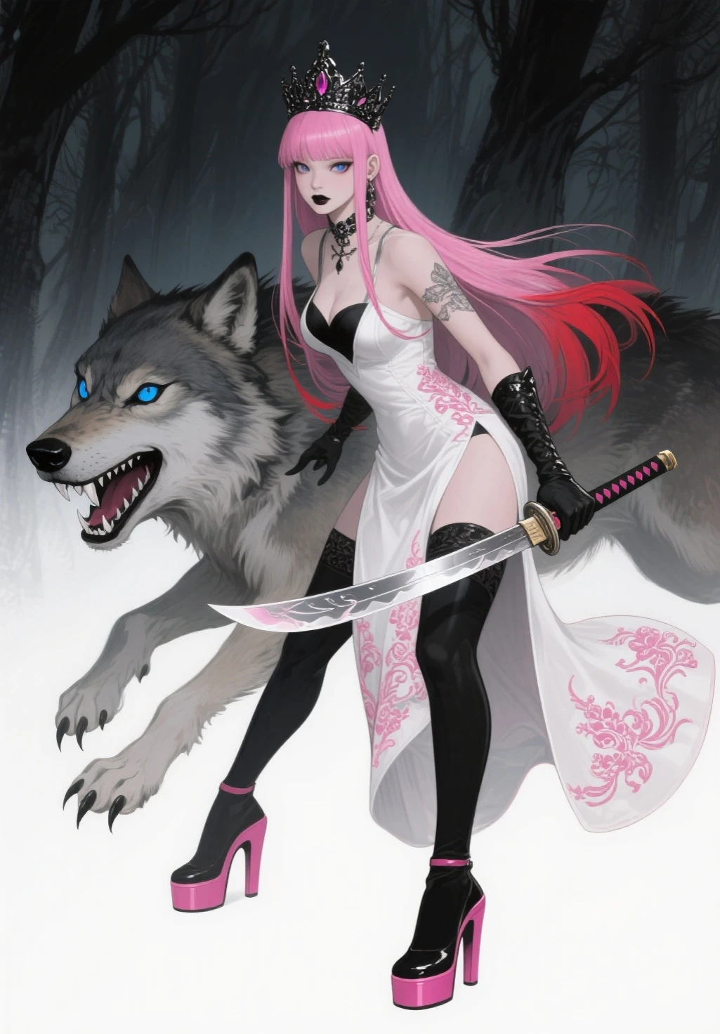 Female One,has red hair,pink eyes,wolf's ears,wolf tail,has a chest,has an ass, wearing a short and sexy dress
