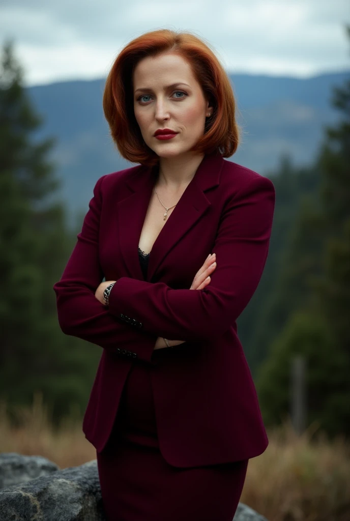serious woman, Red hair , shy, sehr lange Red hair, wears a strict blouse, Bluse bis oben buttoned up, visible buttons on the blouse, ,Sleeve style suit, fullbody, perfect, other pose, buttoned up, serious clothing style, Business Woman, in forest, wide angle, Kragen buttoned up, strictly dressed, tightly zipped shirt, buttonGap, Photo on the beach, --ar 1:1 -- in 5.2