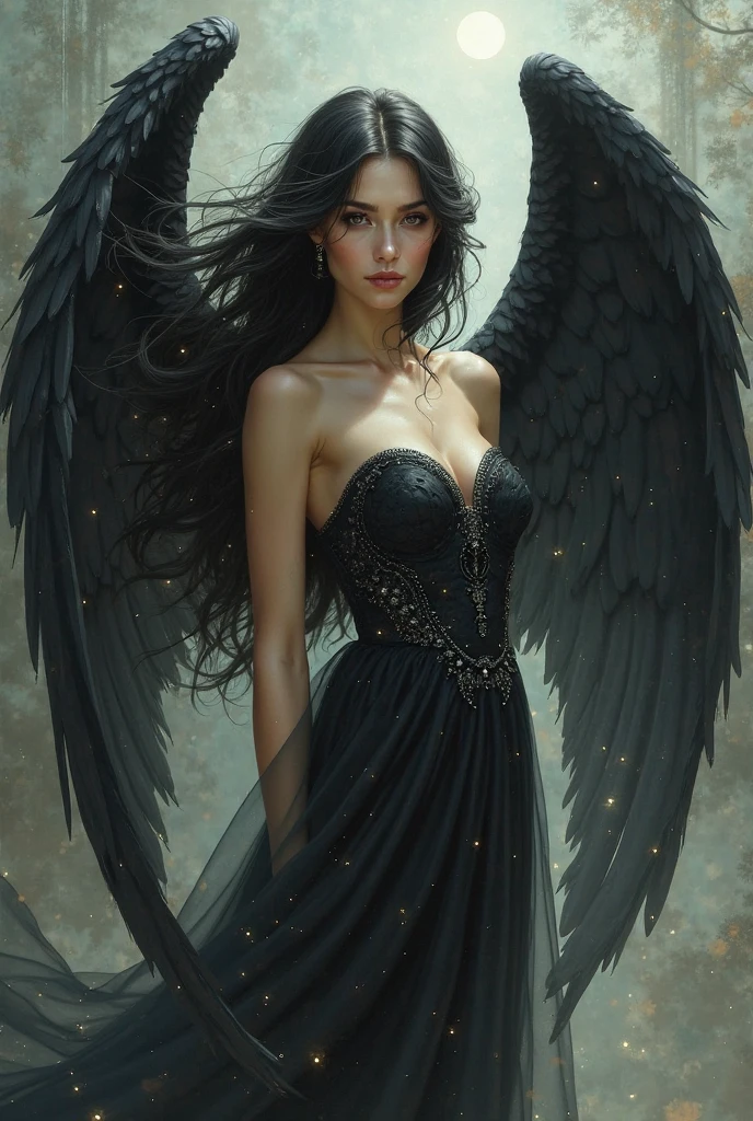 Beautiful woman in veryy long translucent black satin dress andwith angel wings