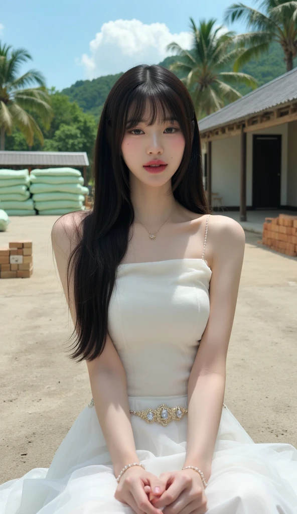 NSFW, front angle, (8k, best quality, masterpiece:1.2), (realistic, photo-realistic:1.37), A picture taken from the bottom, ultra-detailed, 1 girl, looking at viewer, cute, beautiful detailed sky, detailed cafe street, sitting at a table with afternoon tea, full body, small head, intricate choker, pretty legs:1.2, long legs:1.2, slim legs, high heels:1.3, white socks:1.4, medium breasts, high-waist, narrow waist, off-shoulder, belt, short bottoms, beautiful detailed eyes, daytime, warm tone, white lace, (long hair:1.4), silver medium hair, white skin, cinematic light, street light, <lora:koreanDollLikeness_v15:0.33>, (tea table:1),(hand bag:1), ulzzang-6500-v1.1:0.33, <lora:sonnaeunlora_v1.1:0.5>