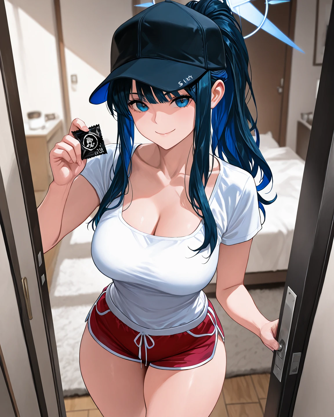 (best quality, masterpiece:1. 2), highly detailed, HDR, 20 years old (police uniform, underboob, shirt, blue thong), police uniform, underboob, looking at the viewer, (beautiful detailed eyes, beautiful detailed lips, extremely detailed eyes and face, long eyelashes), (shapely, rounded, hourglass) body, (beautiful detailed breasts, shapely breasts, firm breasts), (shapely, toned) legs, very sexy, (feisty smile, devious), nightclub, dark, colorful neon lights