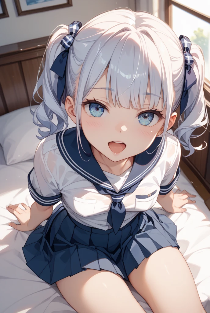 pantyhose,loli,sailor,microskirt,cute,lying,on stomach,white hair,smile,crop top,see through,twintails,cleavage