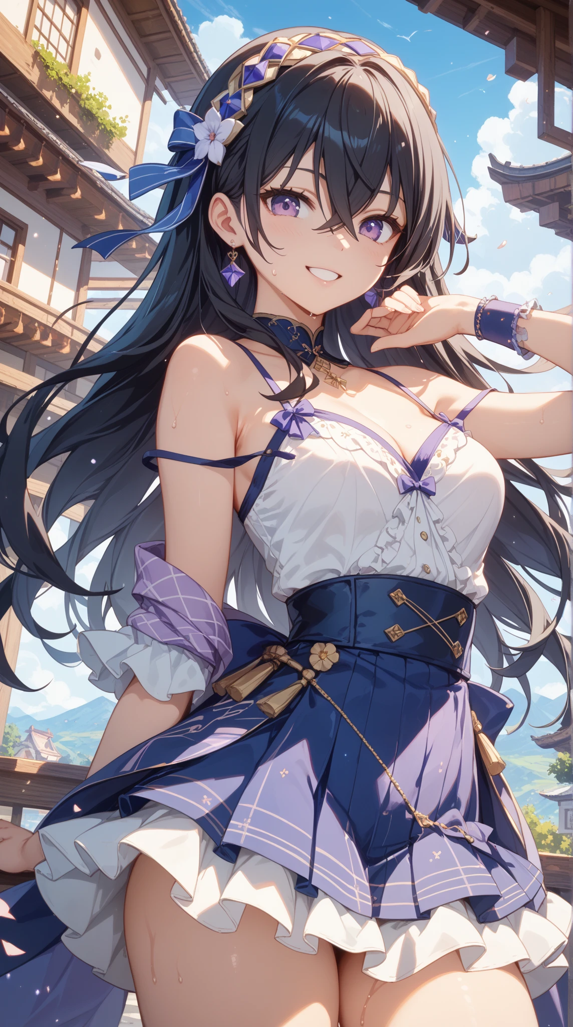 Generate hyper realistic image of a playful woman with bunny ears and an hourglass body, sitting at a table outdoors. Her long, purple hair is adorned with fake animal ears, and her parted bangs frame her face delicately. Dressed in a yellow off-shoulder shirt and a black miniskirt, her earrings glinting in the daylight.
