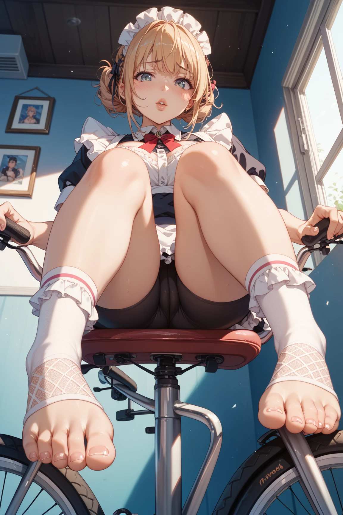 beautiful illustrations, highest quality, 1girl, (12 years old girl:1.5), (cute girl:1.6), flat chest, (girl like bisque doll), navy blouse, light blue white shirt, Not safe for work, ((sitting, GYNECOTOLOGICAL DELIVERY TABLE)), (((No panties))), (cunnus:1.4, toy phallus to puss fuck), Open twat:1.6, anus, ((spread legs)), looking at viewer, Cinematic lighting, (blonde straight hair), A Euphoric Smile, white socks, obstetrics and gynecology,
