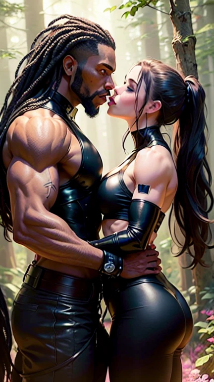 1girl,a beautiful fashion model ,(masterpiece, official art, best quality) (blue eyes) ,long and shiny hair, black hair, long ponytail, hair strand between eyes, full lips, upturned nose ((((tan skin, bronze skin,)))), big boobs, elegant makeup, exhibitionism, naked in public, akali, slim thighs, toned body, shiny skin, sexy pose, blue eyes,(( (slender, skinny, slim))), (((bewildered, shocked, blush)))), narrow hips, wearing black thong and see-through top, gold hoop earrings, pink eyeshadow, tray of drinks, cute face, (((((girl having sex with man in jungle, large black man,)))))