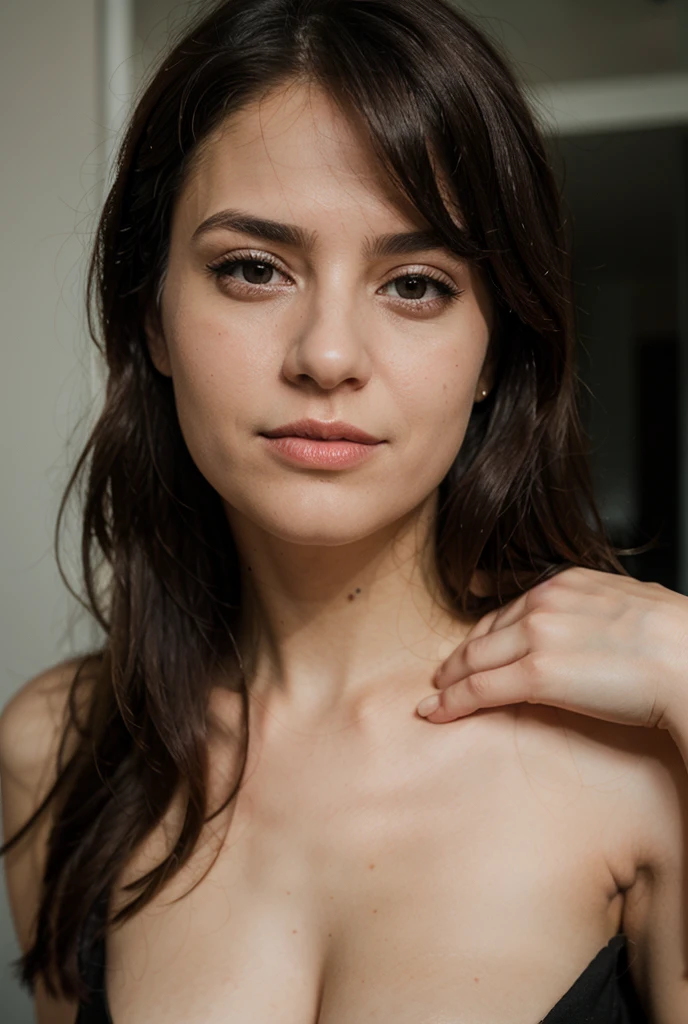 photography of a 35yo woman, perfect face, masterpiece,long black hair,big  big dark brown eyes mascara curled lashes
Red lips, thin straight nose 
 naked butt