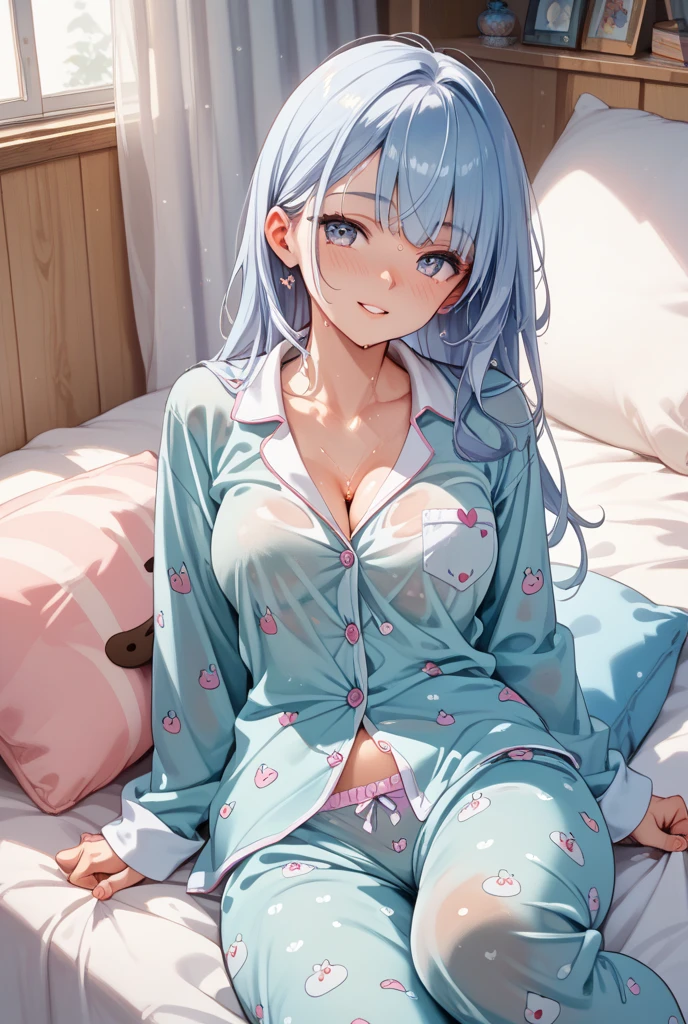 1 girl , short hair, light blue hair, pyjamas, tits, sleeping, thighs, lying on a bed, glowing, sidelighting, wallpapers,