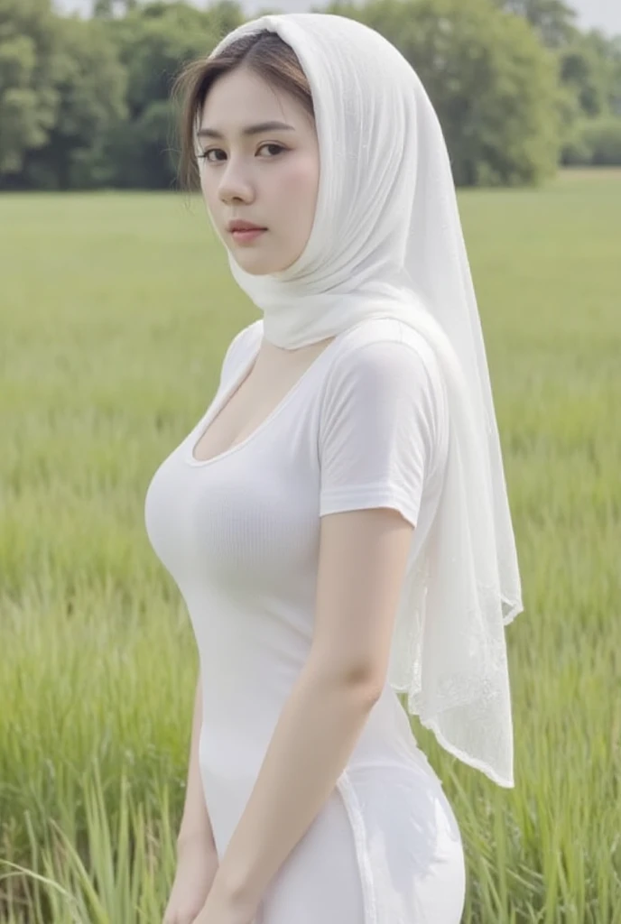 Jumbo (Dress), Chubby adorable, 1 girl, (face to face), 10 years old, baby face, happy, half body portrait, (face details: 1), (eye details: 1), ((big breasts)). wearing transparent transparency soft long shirt, hijab, .. Cute posed. proportional body. Ultra High Res. realistic: 1.4, UHD, (floral pattern), view from side seductive pose