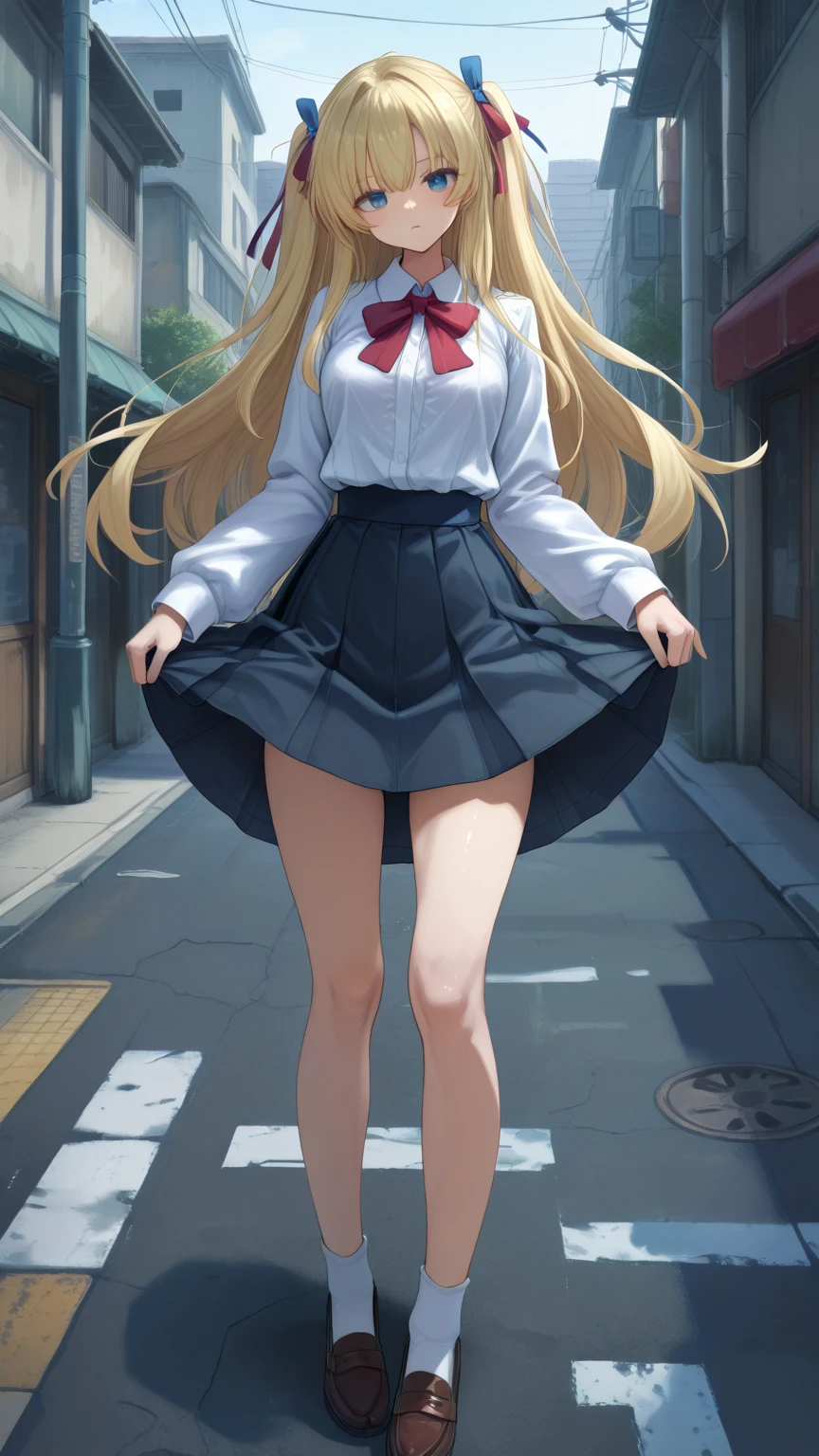 (masterpiece、highest quality、High resolution、realistic pictures、real looking skin:1.1)、
1 Japanese girl、alone、Full body Esbian、beautiful eyes、shining eyes、blonde、long hair、flowing hair、high school girl、bad、black loafers、
(Long collar shirt、Uniform Pleated Mini Skirt、tie、The location is the high school ground.:1.1)、
(A skirt that flips up in the wind:1.5)、
(fully exposed panties:1.5)、
(loose socks:1.5)、
(Are standing:1.5)、
(Fancy black panties:1.5)、
(The first button of the shirt is open.:1.5)、
(tieもだらしなく巻いている:1.5)、
(his expression is embarrassing, but he's staring at me.:1.5)、
NSFW