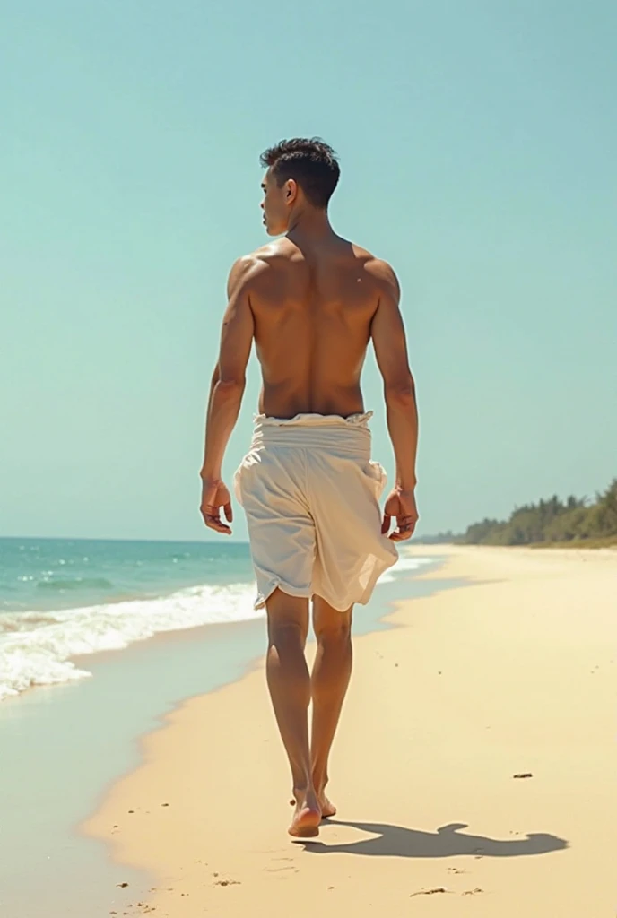 Best Quality, 1boys, Detailed face, Detailed eyes, beautidful eyes, Photo of Chinese man, Young men, Handsome, Shirtless, Perfect face, Exposing your feet, perfect bodies, ((Perfect hands)), [raise one or both arms], mischievous grin, 20 years old, ((full body Esbian)), Stand on the sea side, , long legged, exquisite detailing, Sharp Focus, High resolution 8K, hentail realism & Professional Photography, 8K UHD,
