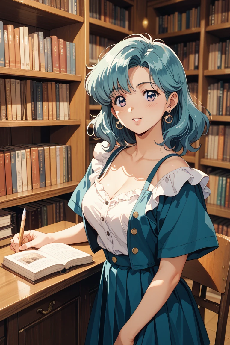 Bulma, a character from Dragon Ball Z, sitting in her lab, studying a scientific book intently. hair tied, She was wearing a low-cut doctor's suit. She looks exhausted but focused on her reading. Realistic style