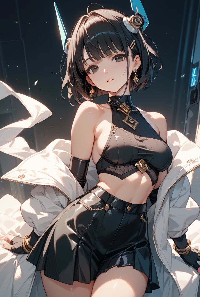 full body, delicate facial features, big tits, medium hair, black hair, tearful mole, earring, 