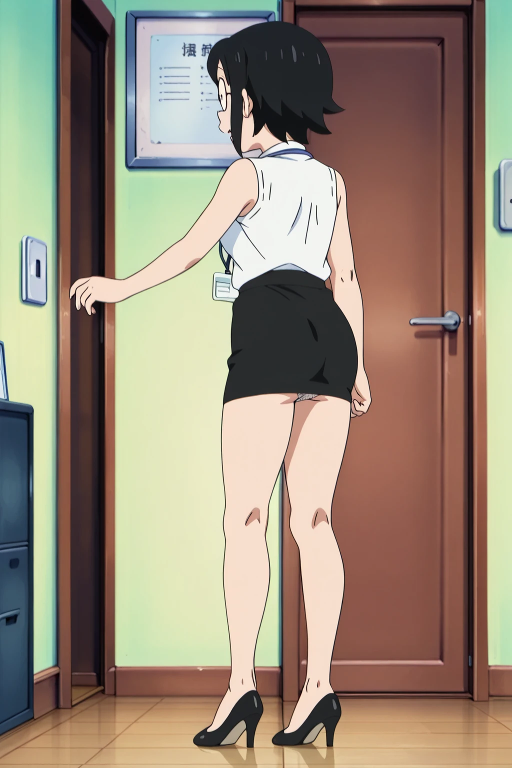 Koyomi Mizuhara, brown hair, long hair, glasses, nose, white long-sleeved shirt, striped tight biker shorts, black high socks, shoes, bid breasts, wallpaper, luscious lips, curvy waistline, view from back, standing upright, retro photo shoot, looking back, glancing, tease, firm ass, athletic, abs, gravure, back of view, skin tight, vintage, 1999, tight outfit, tight ass cheeks,