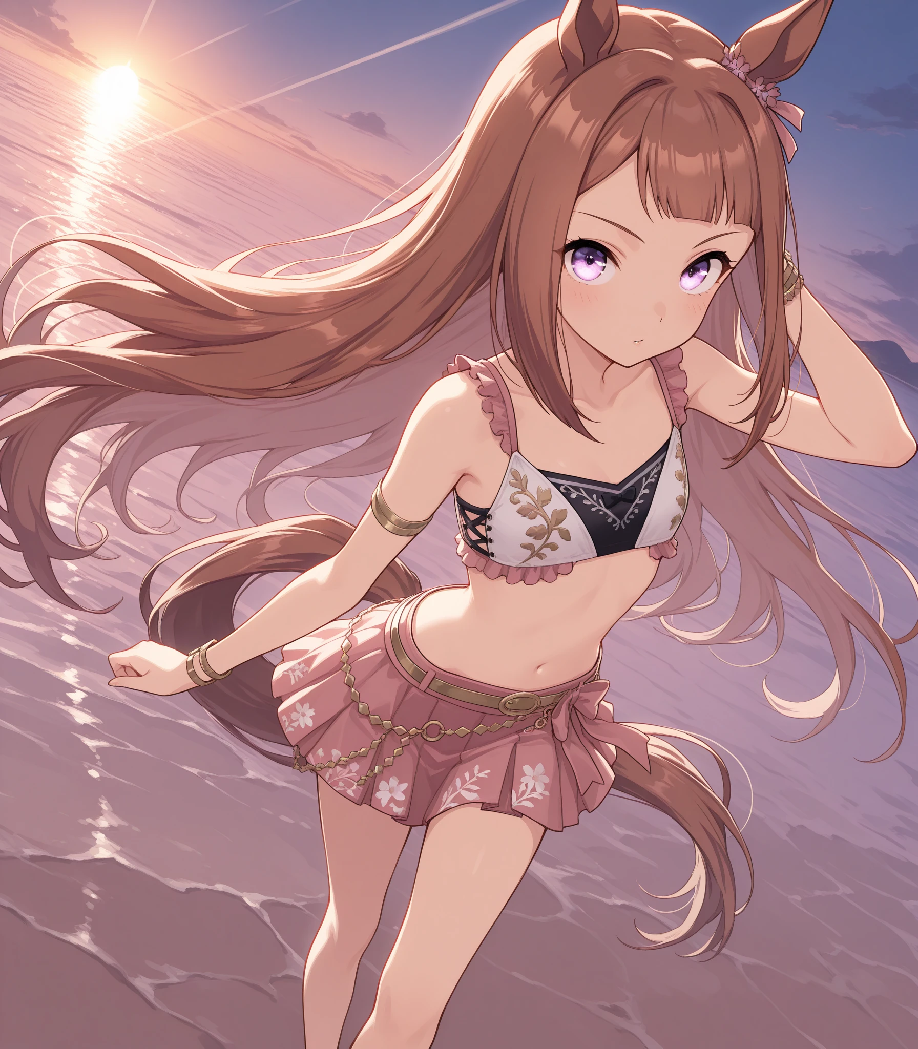 masterpiece, highest quality, Aerith Gainsbourg, pink bikini, Ruffled skirt in pink color, (fox ears:1.3), (fox tail:1.3), hair ribbon, looking at the viewer, leaning forward, smile, closed mouth, beach, The best sunshine