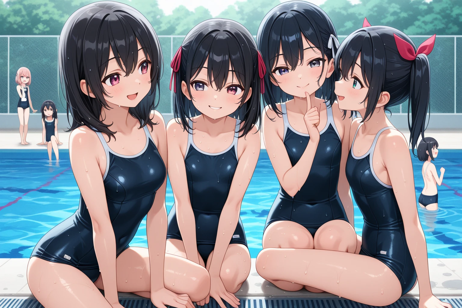 Highest quality,masterpiece,Sexy Swimwear,School swimming pool,,Black Hair,Classmate,Smiling and teasing the boys,Nearly naked