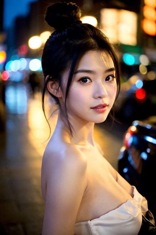 1girl,solo,long hair,Rough skin,(looking at viewer:1.2),wet hair,polaroid,(depth_of_field:1.5),rainy days,outdoors,street,hair between eyes,moody lighting,Tyndall effect,Cinematic Lighting,night,lamppost,lens flare,available light,rim light,glowing neon lights,curvy,chinese_style,no clothes, naked, lewd face expression