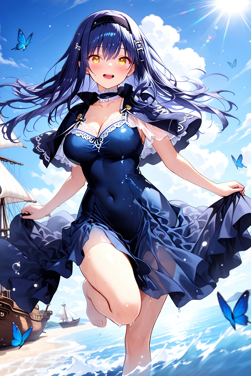highest quality、Highest quality、masterpiece、beautiful girl、((1 female:1.5))、Navy blue long hair、blue eyes、Sexy bikini in dark blue、Big cleavage、(Big Breasts),smile、necklace、Blue earrings、situation(Swimming in the sea)、Open your mouth wide、Navy blue short skirt、white headband、Standing and immersing your feet in seawater up to your thighs、super close range、Emphasize the chest、forward leaning posture