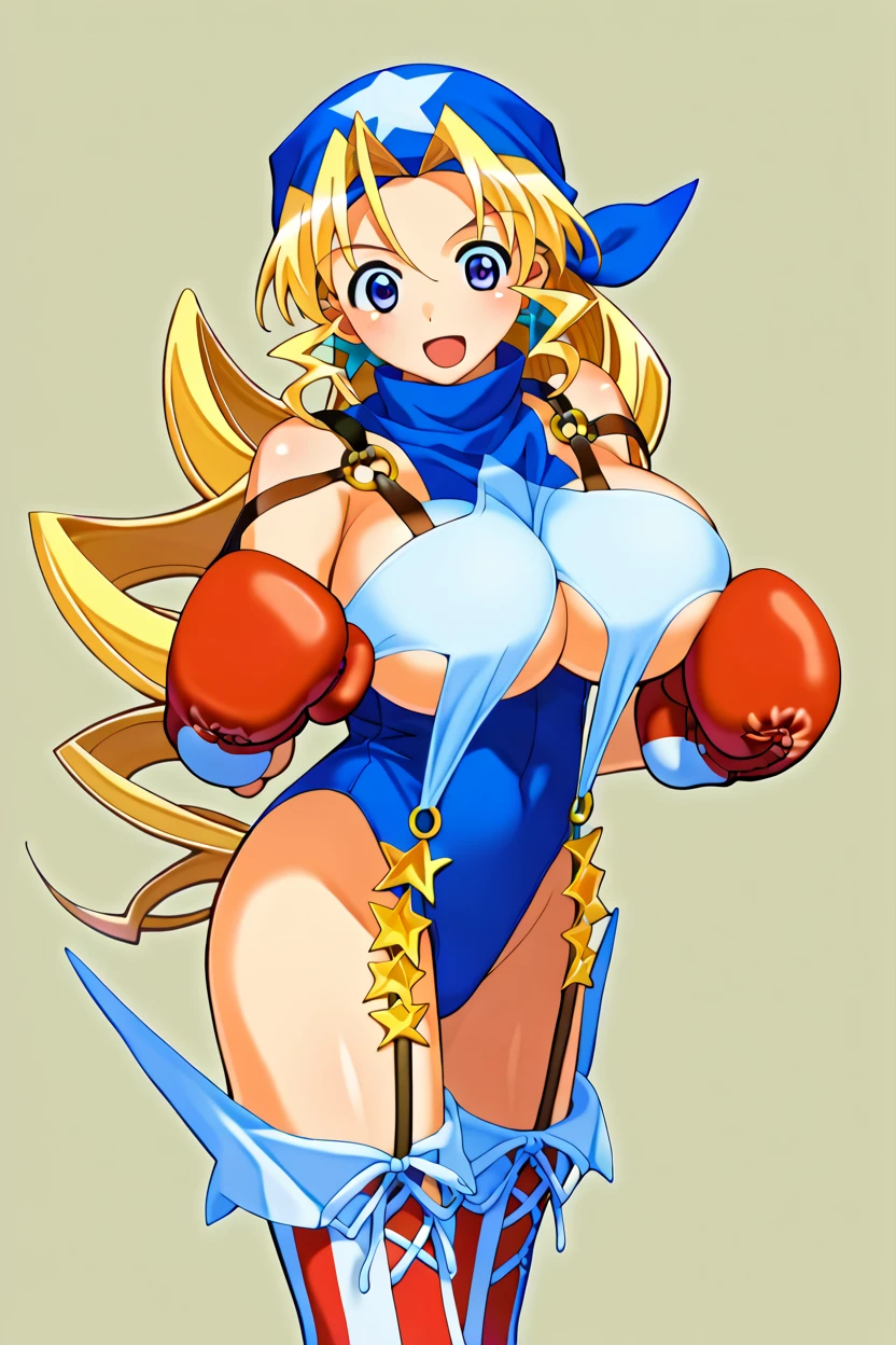 score_9, score_8_up, score_7_up, score_6_up, source_anime, BREAK 1girl, solo, defTiffany, blonde hair, bandana, white and blue leotard, boxing gloves, striped thighhighs, huge breasts, fighting stance, happy, open mouth, city, blue sky, upper body, looking at you