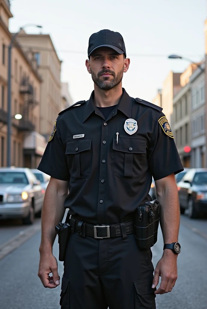 (handsome Man),(Thin mustache:1.1),(crew cut short hair:1.5),black eye, (navy blue tight-fitting round neck short sleeve T-shirt:1.3),(Police badge:1.3),navy blue cargo pants,(navy_gloves:1,3), Korean guy,chest muscles,large arm muscles,blood vessel,Big muscles,Broad shoulders,(open mouth:1.2),(face up:1.2),(open eyes:1.5),middle of the road,smile,(under town:1.4),@