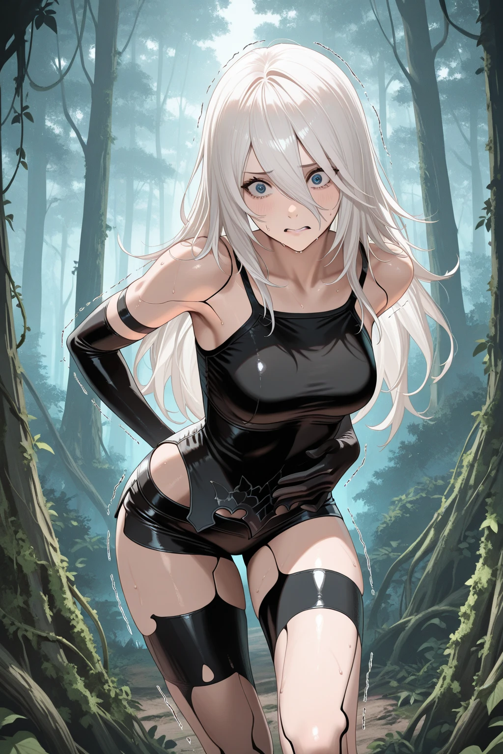 (​masterpiece:1.0), (Best_quality:1.0), Standing at attention, I look at the viewer, 8k, 1 girl, one, Anime character girl with long white hair wearing clothes (black Latex shirt:1.2), (Latex pants), high, Collarbone, Latex, Glittering, navel,(black Latex shirt:1.2), (Latex pants), high, Collarbone, Latex, Glittering, navel,, nice , in the middle of the yard, I sit and spread my legs