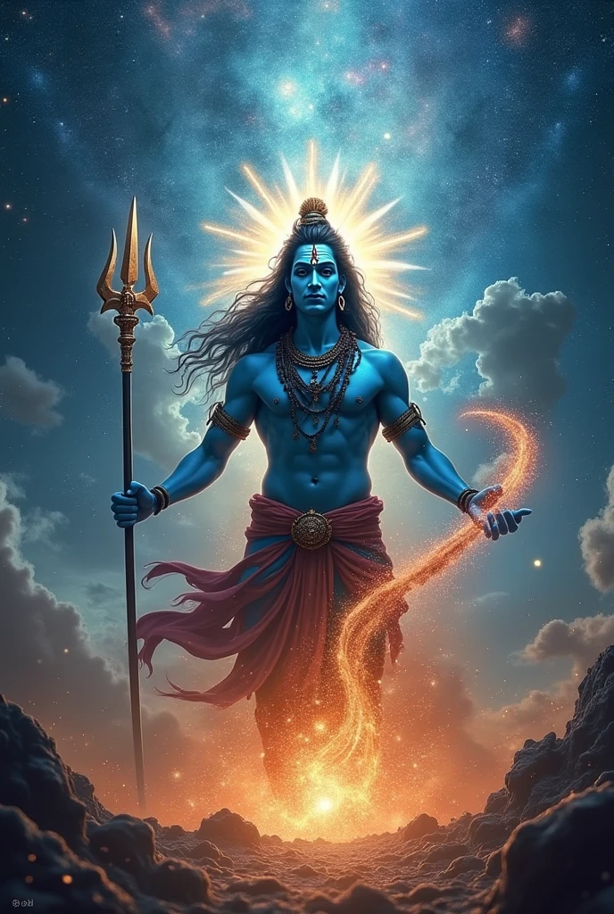 Produce an image of Lord Shiva as the destroyer, with a Trishul (trident) and a backdrop of destruction