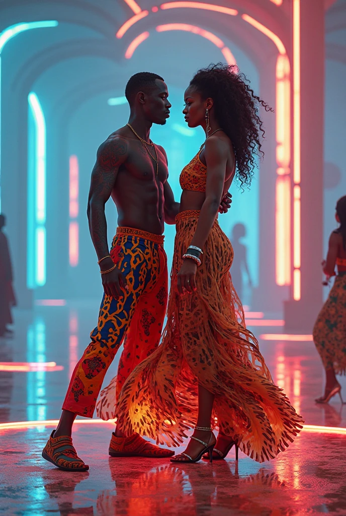 A beautiful black couple embracing each other in a house with red lights, ultra high resolution, afrofuturism fashion, extremely detailed, 8K, masterpiece:1.2, fashionable attire, vibrant colors, moody lighting.