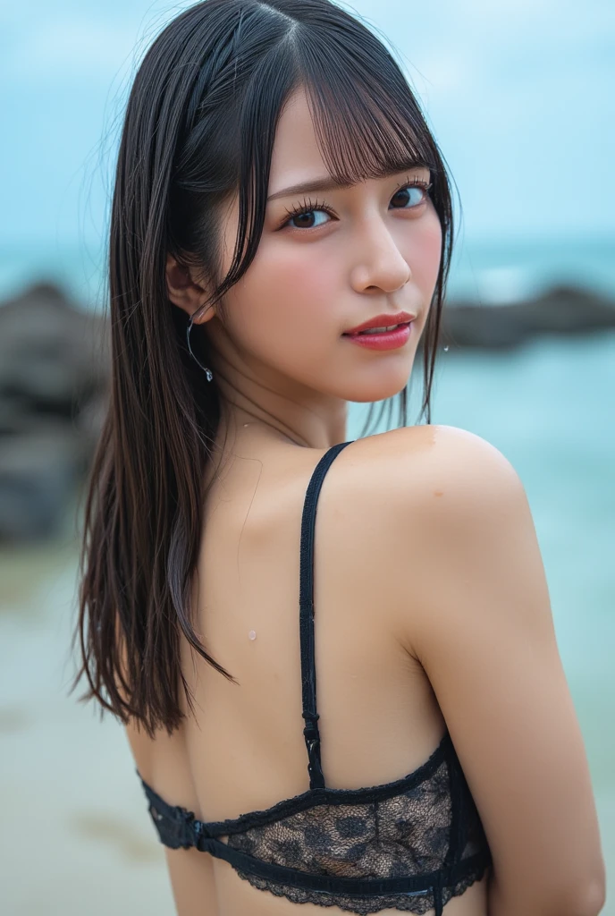 Highest quality, RAW Photos, Realistic, face, Incredibly beautiful girl, cute, Long Hair,ponytail,Black Bikini, chest, 平らな chest, small,( small bust: 1.2), small bust, (slim, small, flat, small), thin, Delicate and sexy, Sharp clavicle, flatカラーの背景, ((faceのアップ:1.3)), gravure,View your viewers,Beach, whole body, Put your hands up, pony tail, full body shot, from back, hip emphasis,