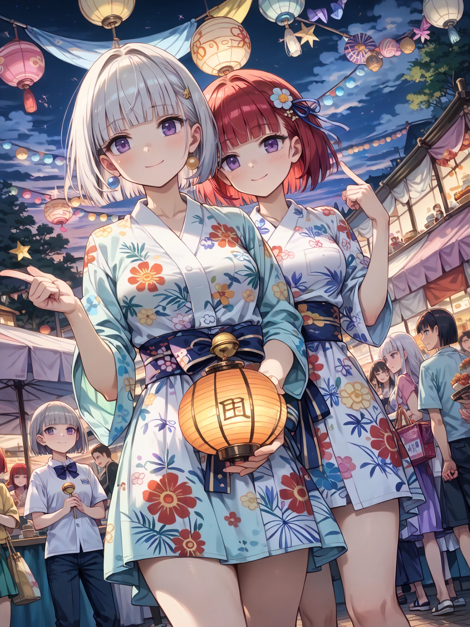 Two Girls, Girl eating watermelon,yukata、 Outdoor, Another Dimensional Summer, Multiple beautiful planets floating in the sky, A girl living in another world, , Smile of joy, , Cleavage, 