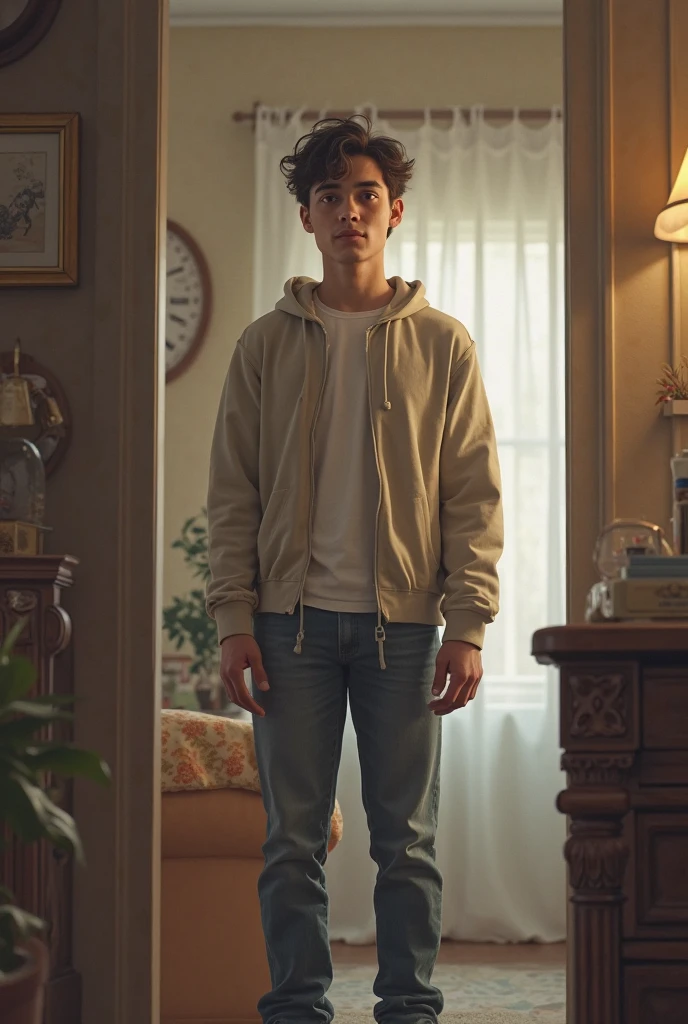personagem, um adolescente, moreno, com escoliose, quarto