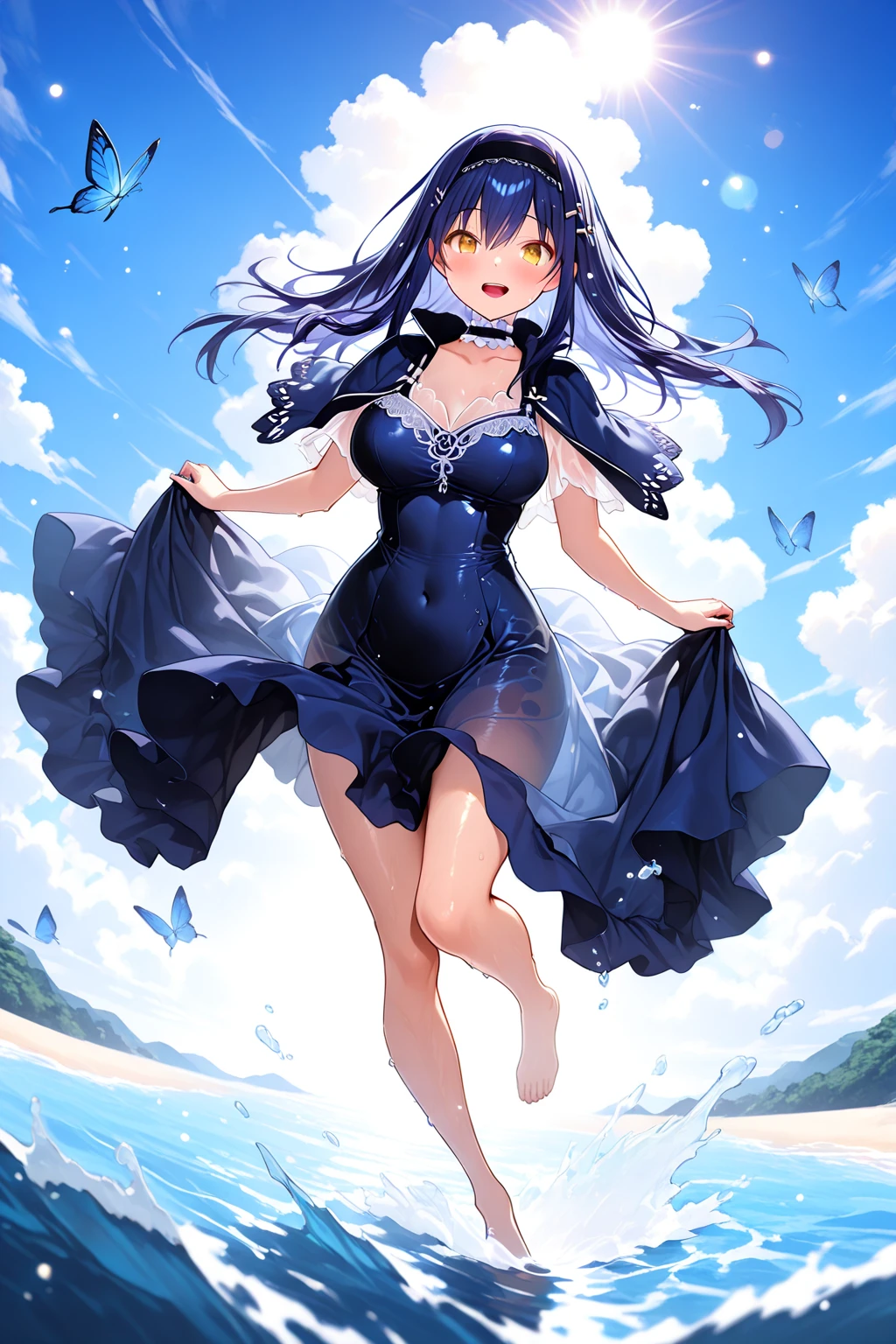 Black purple hair，Purple eyes，Carly，Adorable，Teenage Girls，((See through the gorgeous see-through black dress))，High heels on your feet，Standing on the surface of the sea，Standing on the surface of the sea，whole body，Fingers and arms are not exposed，Background sea，Blue sky and white clouds，，Happy expression，High quality light and shadow，Artistic Sense((Hair Bun))(Very long hair))((Blunt bangs))((Bitch))((tsurime))((Big eyes))((Skinny body))((expensive))(Pale skin))((Botanical Prints))((infant))((Showing nipples under shirt))(Pale skin))((Botanical Prints))((infant))((nsfw))((((5 years old)))(((infant)))((Lolita))