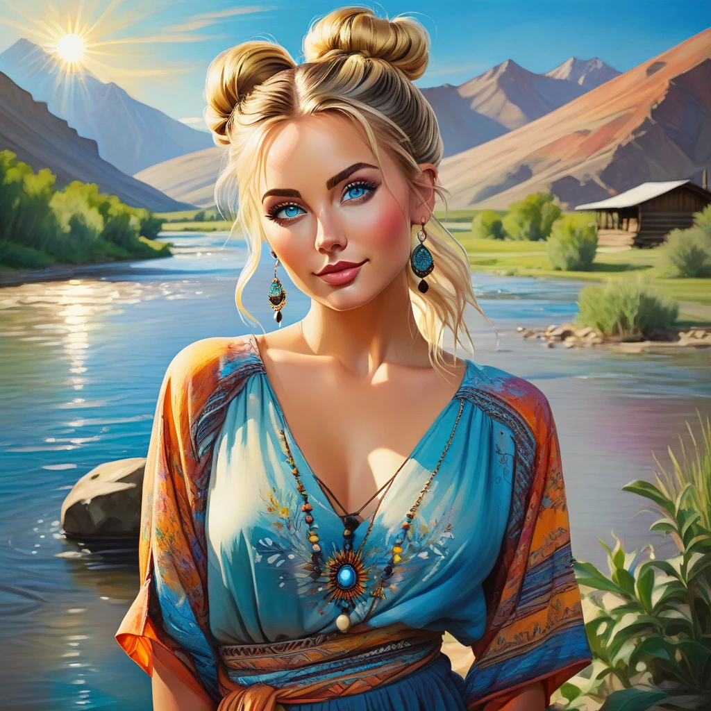 Thirst trap. A beautiful gypsy boho woman with large thick and wide beautiful lips with the appearance of Masiela Lusha, thick hips, thin waist, deep and wide breasts. Hourglass figure, with hair that is coarse, wiry, and tightly curled. It often has a rough texture, feels stiff to the touch, and may be prone to frizz and tangling. curls can be densely packed. Looking at viewer with love. Long southwestern style dress, hoop earing and jewelry. Wearing a gypsy dress with Skirts and scarves billowing in breeze. The Official Art – An Award-Winning Digital Masterpiece In 4K Ultra HD, Extreme Detail And Intricate Realism. This Concept Art Brought To Life By The Hands Of Artists Like Wlop & Artgerm In A Stunning 2D Vector Illustration. . massive, perky, perfect spheres, firm, voluptuous, cleavage, full, well shaped pleasing breasts. buxom. Background is a panoramic vista of redrock canyon with a beautiful blue river running through it.