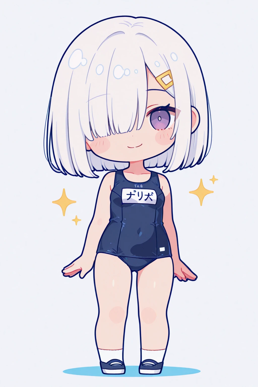 <lora:xl_dohna dohna(kohaku_delta)-000005:1>,dohna dohna style,1girl, solo, swimsuit, school swimsuit, white swimsuit, blue eyes, hair ornament, white hair, one-piece swimsuit, white background, hairclip, simple background, hand on hip, short hair, blush, looking at viewer, old school swimsuit, breasts, collarbone, covered navel, cowboy shot, sweatdrop, small breasts, bare shoulders, ass visible through thighs, hair between eyes, standing, masterpiece, best quality,