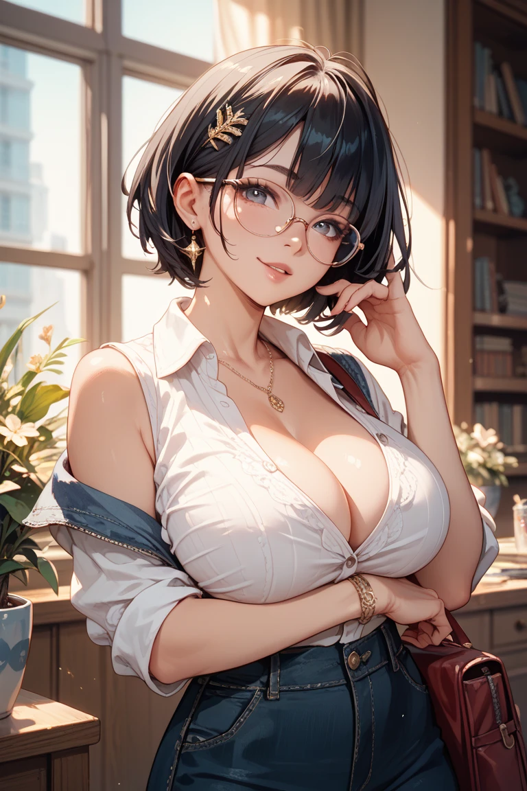(masterpiece:1.2, best quality), (1lady, solo, upper body:1.2), clothing: loose-fitting, comfortable pajamas Accessories, detailed the hand, Hair: Short dark blue shoulder-length hair Makeup: natural, glowing skin, behaviocing the table, sitting at the table, smiling location: study, study desk, blue eyes, huge breasts, wearing a glasses