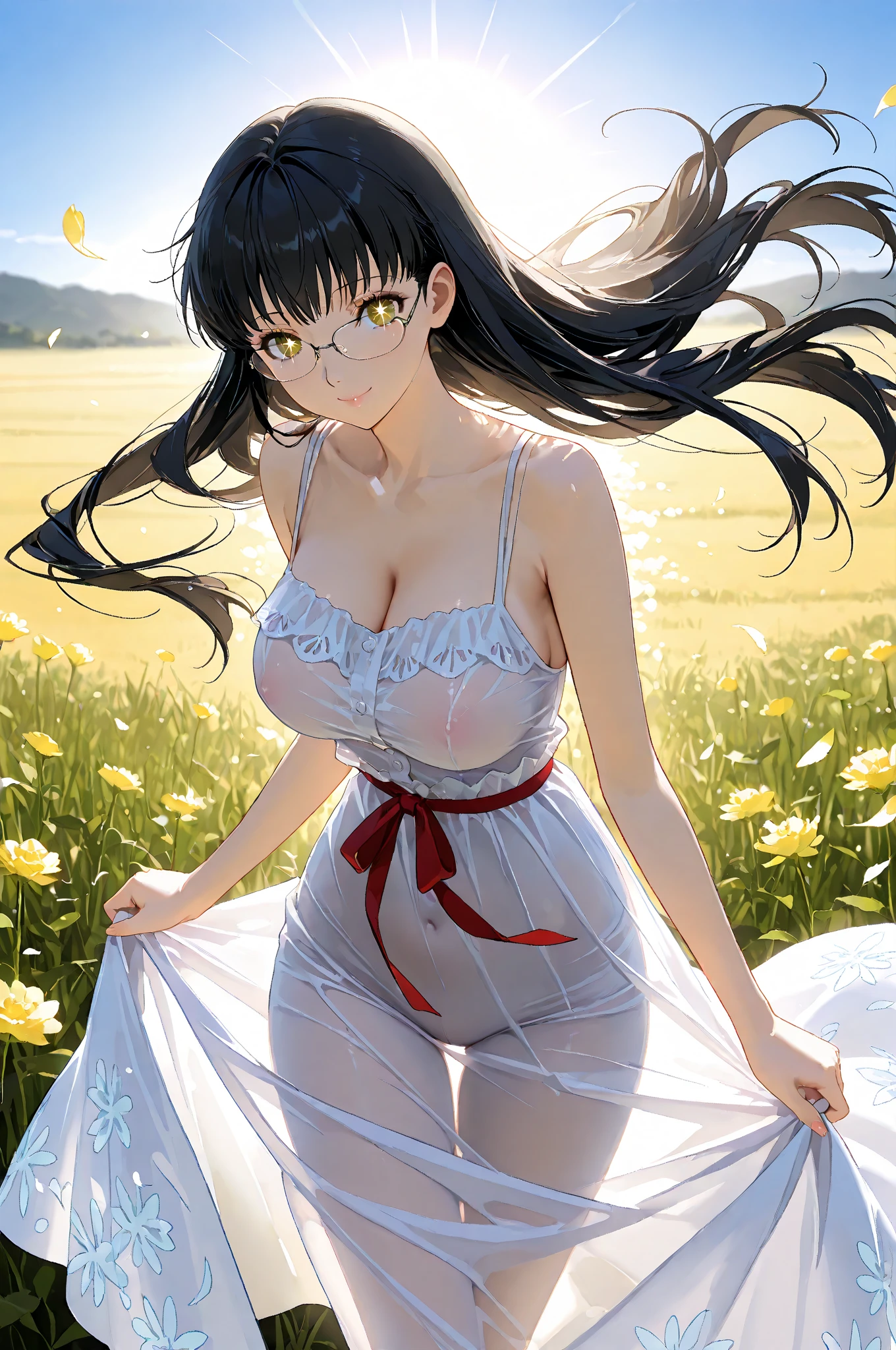 (Gal Gadot:Evangeline Lilly), (looking at viewer, light smile, ), brown hair, brown eyes, long hair, hair_flying, Fluttering hair, flying_hair, ((Transparent glasses, glasses, glasses_on_nose)), ((white dress)), (downblouse), (no bra), sexy, charming, stunning, enhance, delicate, (pale skin, real_skin), sunlight, spring, field of flowers, (flowers in the hair), outdoor, best quality, high quality, highres, 8k, photo realistic.