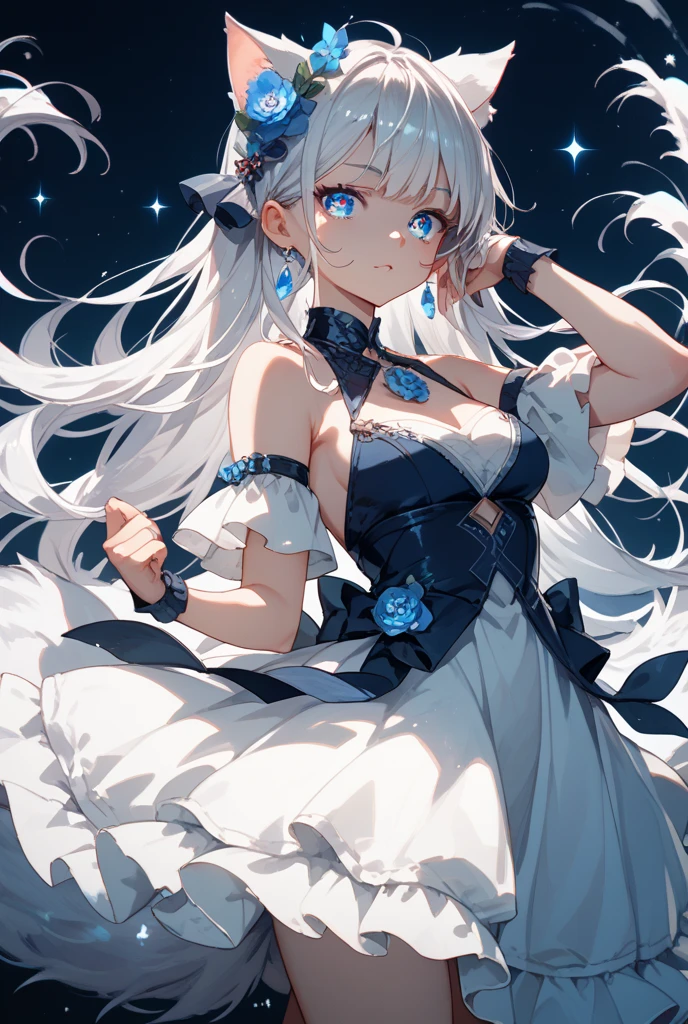 Silver haired girl with big boobs, posing for a picture, standing, 4k, half body image, white closed dress, blue eyes, perfect fingers two hand, perfect eyes, unseductive anime girl, using white headscarf