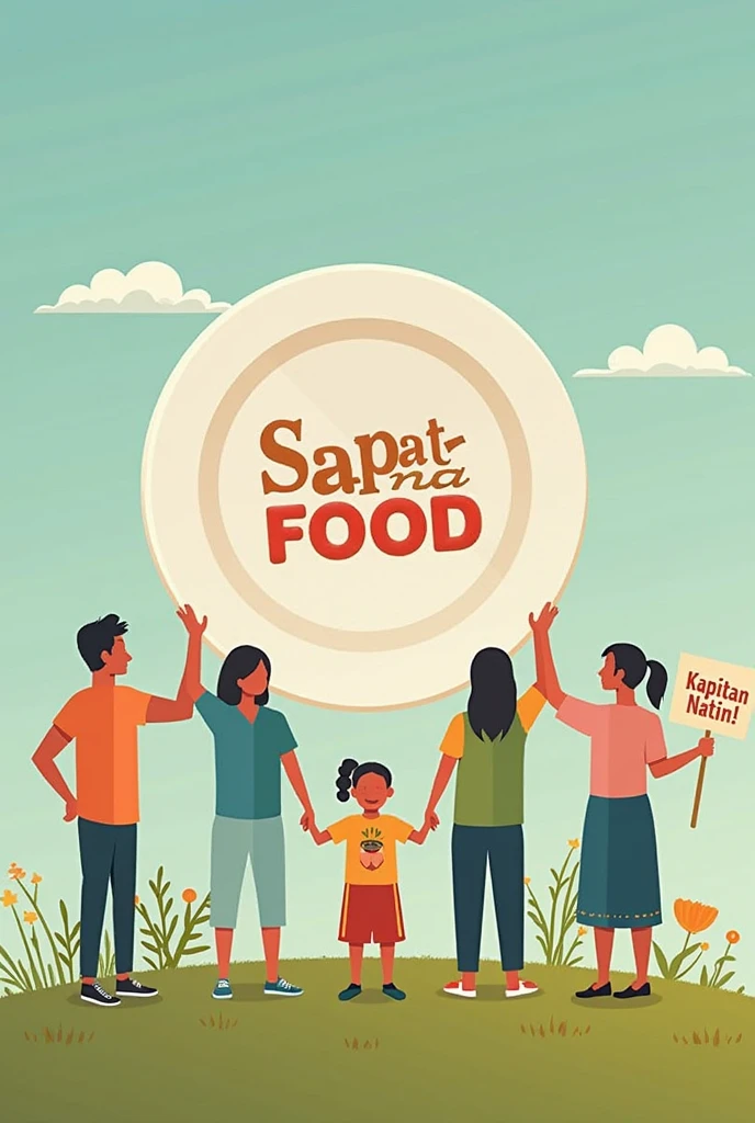 Poster with the theme of local food (Siantar/North Sumatra) with some word" From our land, for Our Food" 
(With a people eat food or fruit, like banana, potato anything, have some  vegetable ) with view like a village or just background black