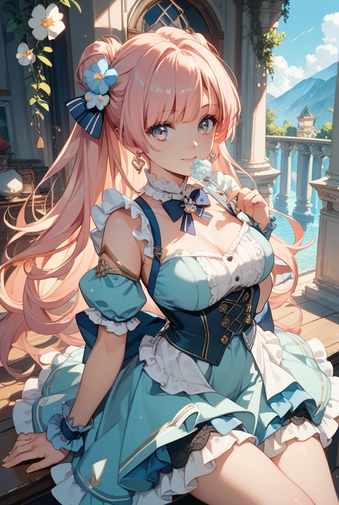 Moe anime art style:1.2 ,Super detailed ,Ultra-fine ,best quality ,very aesthetic ,upper body ,looking up ,from front ,leaning forward ,from above,A young-looking princess ,Beautiful Eyes ,Embarrassed look ,A seductive face ,Beautiful Lips ,(Hair blowing in the wind ,Pink Hair ,Fluffy ponytail ,Curly Hair ,Expressive hair ,Very voluminous long hair ,Sparkling Hair) ,A silver tiara with glittering ornaments and sparkling jewels ,Crystal earrings with glittering gold embellishments ,A very luxurious jeweled hair ornament ,Long veil ,(Intricate and beautiful decoration and studded with luxurious jewels ,A voluminous, full-length pink hoop skirt with gorgeous ruffles ,((crinoline)) ,Long race ,A gorgeous and beautifully embroidered and jeweled Rococo princess ball gown dress.) ,Silk gloves ,Open chest ,Textured skin ,Sweat on the skin ,Emphasized cleavage ,Huge boobs ,Big Breasts ,Nipples ,She is holding up her skirt with her left hand ,The tip of the index finger of the extended right hand is in front of the lower lip. ,(Shining Light ,Fantasy ,Huge clock tower ,Beautiful fountain ,Clear night sky outdoors ,Shining Moon) ,Standing on the surface of the water ,Flowers ,Fluttering petals ,Petals flowing ,