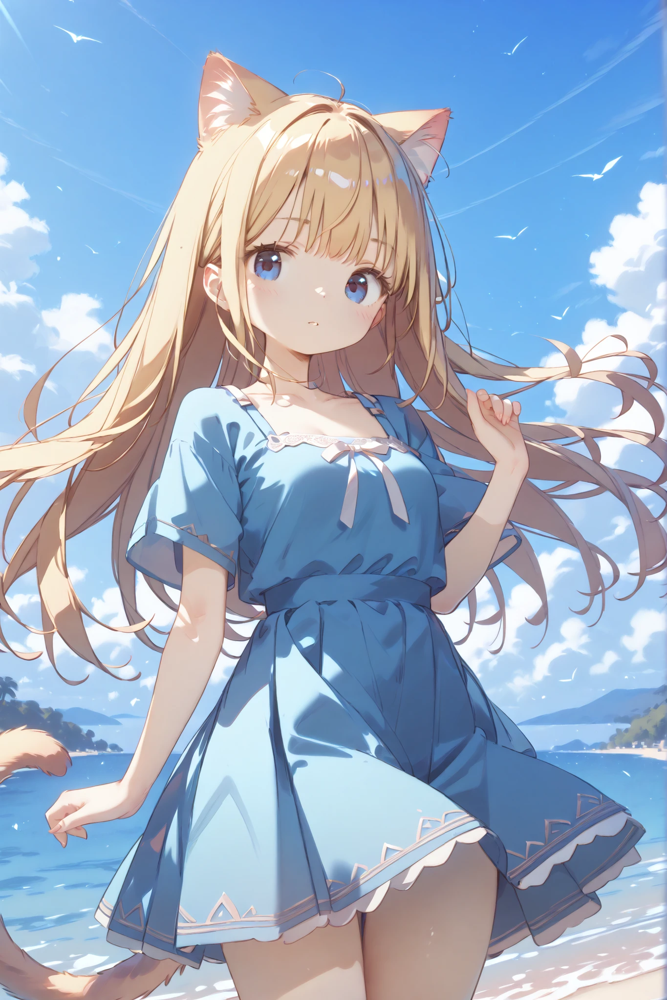 HIGH DEFINITION、High Quality、8k、4k、Horizon、Horizonまで続く草原、Summer sky、Beautiful girl、girl、Cat ears、cat tail、 thin fabric clothes to hold your chest with your hands、summer dress、long hair、Blonde、Blue Eyes、Strong winds、hair fluttering in the wind、Skirt Fluttering in the Wind、Stand facing the wind、spread your arms