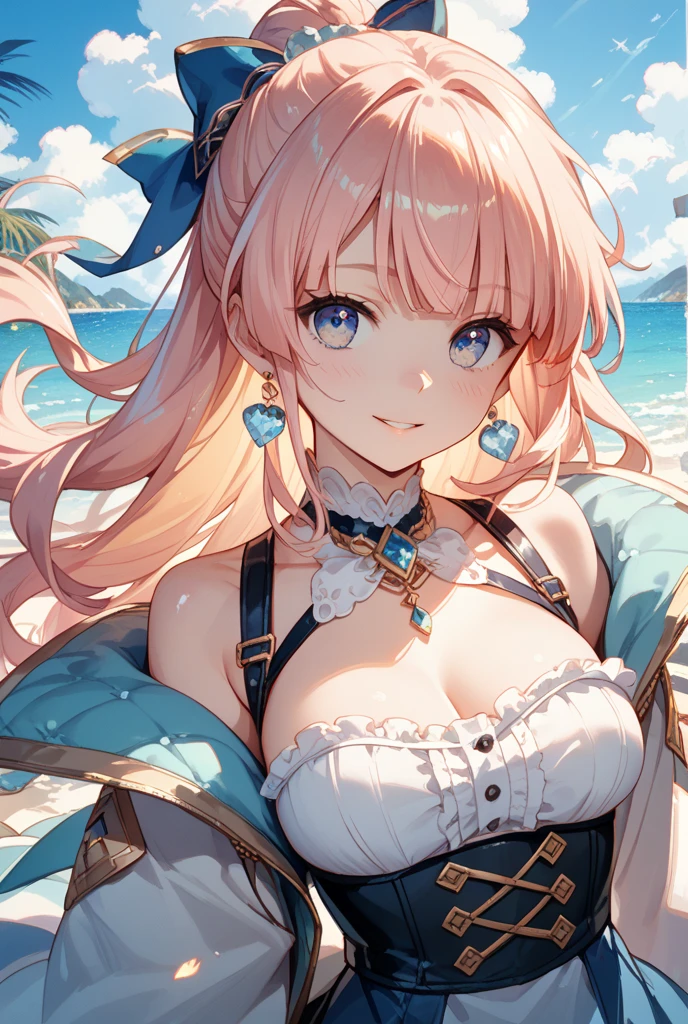 handsome WOMAN,blue-eyes,blue pupils,Long pink hair,Hyperresolution,accuracy,Detailed rendering,(Subtle facial image)(Image of fine hair)(topquality)(Masterpieces of masters)(High degree of completeness)(A sense of atmosphere)tmasterpiece,Super detailed and super detailed(half-body portrait), long wavy pink hair, (((tHICK WAVY HAIR)))(((ANKLE LENGTH HAIR)))(((Blushing)))(((Huge breasts)))(((LARGER BREASTS))) large breasts, bigger breasts (((Bigger breasts))) (((Blushing))) (((Sakimichan))) (((Pink hair))) (((festival casual dress)))(((Focused))) (((Hair in a long ponytail))) (((Ponytail))) (((elf ears))) (((Smiling)))