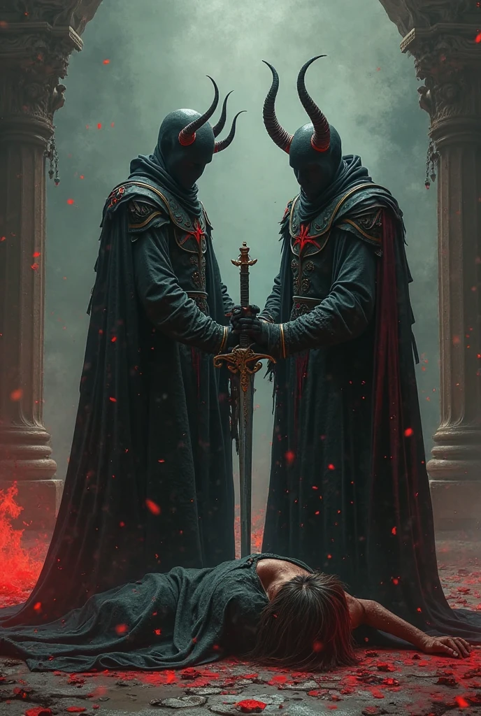 Two black-robed angels who torture the devil in hell and whip the devil with hot, fiery chains until the devil screams in pain and bleeds from his mouth.