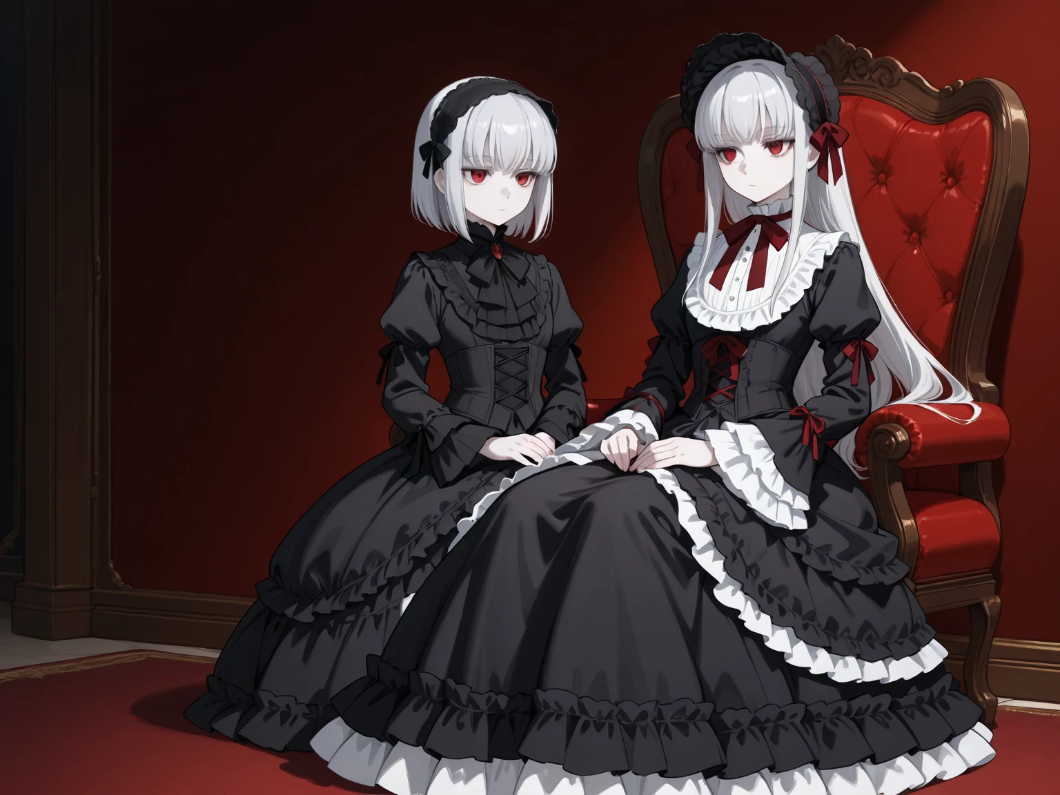 there are two women dressed in gothic costumes sitting on a stool, ska skeleton and girlfriend, in style the demon seated, imvu, dressed in crustpunk clothing, gothic harts, second life avatar, couple pose, demoness, grungy gothic, 2 b, 2b, dark and gothic, shaded, goth, dressed in punk clothing