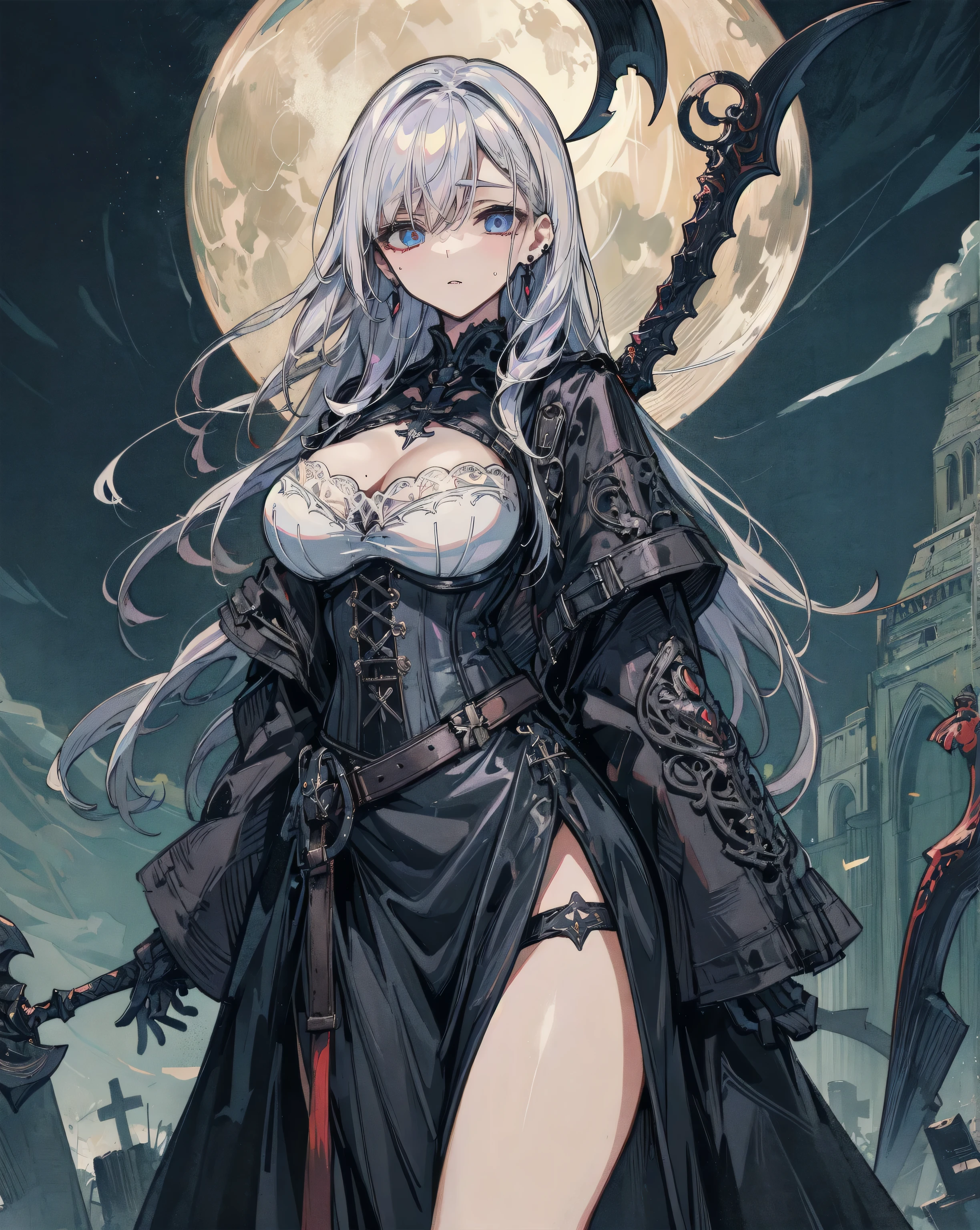 anime comic illustration fantasy art, gothic art, portrait of a female vampire elf, casting dark spell, with a long curvy hair, light color hair, red eyes, busty, Ultra Detailed Face, small pointed ears, blue cloak,  flowing cloak, wearing an intricate black leather dress,  high heeled boots, fantasy urban background, fantasy, at night light, natural ,moon light, clouds, gothic atmosphere, soft light, dynamic light,  high details, best quality, 32k, [ultra detailed], masterpiece, best quality, (extremely detailed), dynamic angle, oil pastel